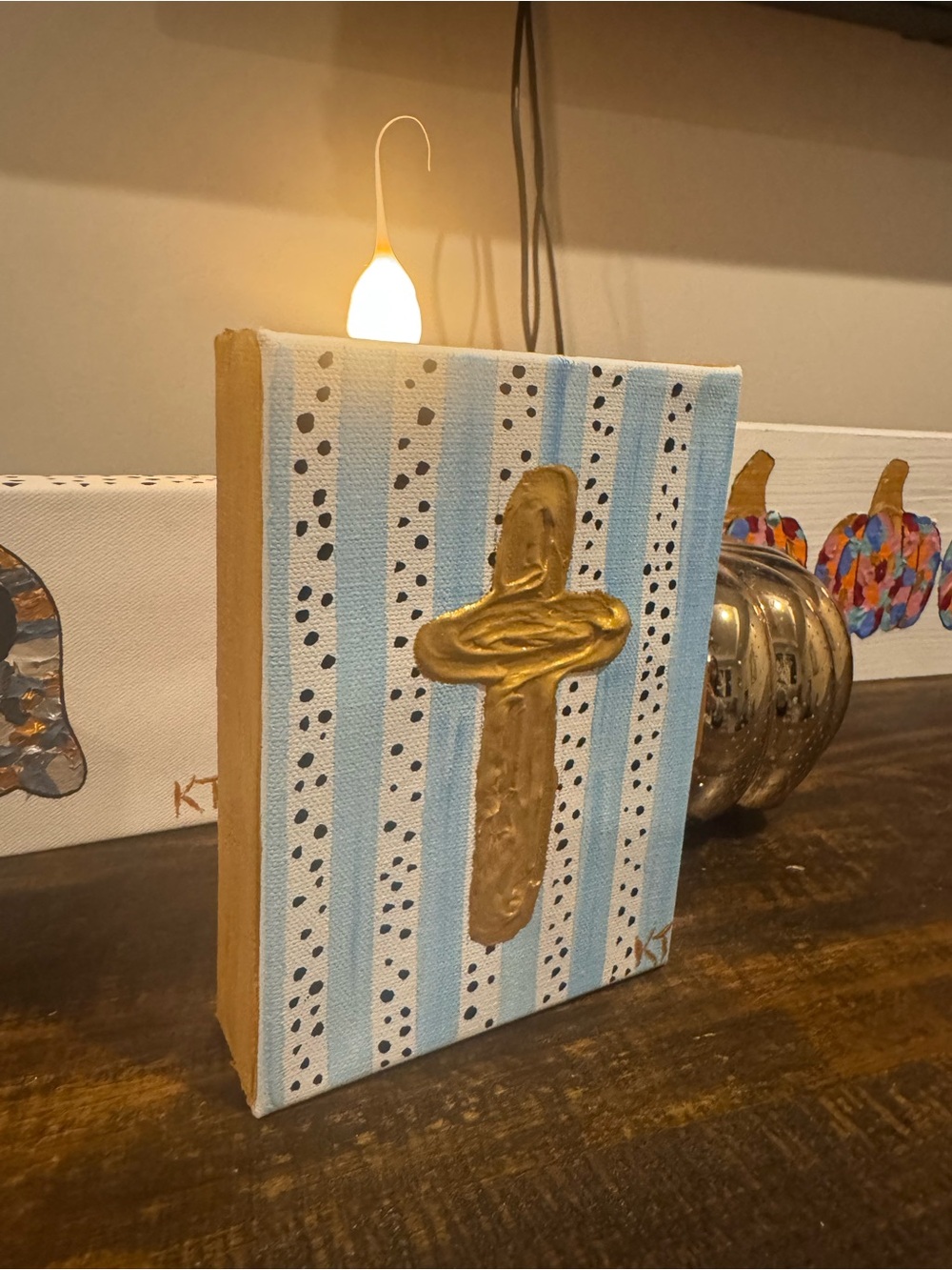 Hand-Painted Gold Cross on Blue & White Striped Canvas